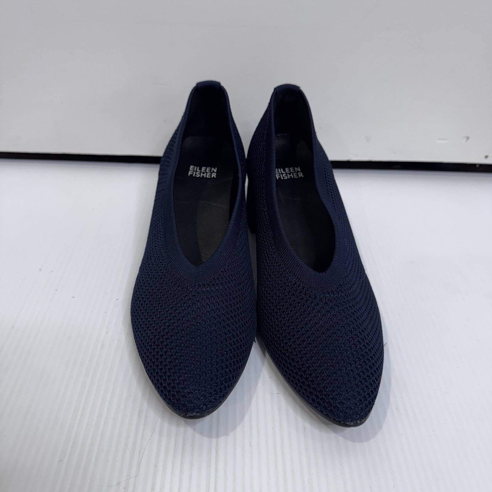 Eileen Fisher Womens 8.5 Navy Knit Block Heel Pumps Pointed Toe Shoes